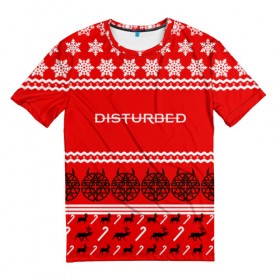 Мужская футболка 3D с принтом Праздничный Disturbed в Санкт-Петербурге, 100% полиэфир | прямой крой, круглый вырез горловины, длина до линии бедер | disturbed | встревоженные | джон мойер | дистёрбд | дэвид дрейман | дэн дониган | майк венгрен | новогодний | новый год | праздник | рождество