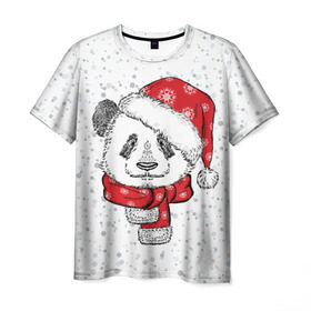Мужская футболка 3D с принтом Панда Санта в Санкт-Петербурге, 100% полиэфир | прямой крой, круглый вырез горловины, длина до линии бедер | дед мороз | зима | медведь | праздник | рождество | санта клаус | снег | шапка | шарф