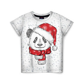 Детская футболка 3D с принтом Панда Санта в Санкт-Петербурге, 100% гипоаллергенный полиэфир | прямой крой, круглый вырез горловины, длина до линии бедер, чуть спущенное плечо, ткань немного тянется | дед мороз | зима | медведь | праздник | рождество | санта клаус | снег | шапка | шарф