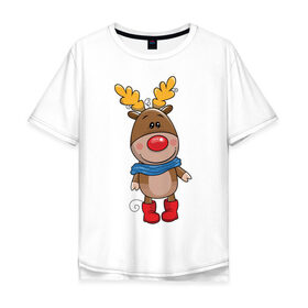 Мужская футболка хлопок Oversize с принтом Олень в шарфике в Санкт-Петербурге, 100% хлопок | свободный крой, круглый ворот, “спинка” длиннее передней части | новогодний олень | олень | олень в шарфике
