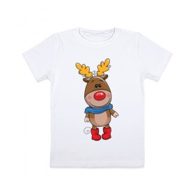 Детская футболка хлопок с принтом Олень в шарфике в Санкт-Петербурге, 100% хлопок | круглый вырез горловины, полуприлегающий силуэт, длина до линии бедер | новогодний олень | олень | олень в шарфике