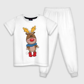 Детская пижама хлопок с принтом Олень в шарфике в Санкт-Петербурге, 100% хлопок |  брюки и футболка прямого кроя, без карманов, на брюках мягкая резинка на поясе и по низу штанин
 | новогодний олень | олень | олень в шарфике