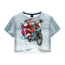 Женская футболка 3D укороченная с принтом Санта Клаус байкер в Санкт-Петербурге, 100% полиэстер | круглая горловина, длина футболки до линии талии, рукава с отворотами | байк | дед мороз | зима | мотоцикл | рождество | снег