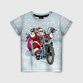 Детская футболка 3D с принтом Санта Клаус байкер в Санкт-Петербурге, 100% гипоаллергенный полиэфир | прямой крой, круглый вырез горловины, длина до линии бедер, чуть спущенное плечо, ткань немного тянется | байк | дед мороз | зима | мотоцикл | рождество | снег