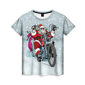 Женская футболка 3D с принтом Санта Клаус байкер в Санкт-Петербурге, 100% полиэфир ( синтетическое хлопкоподобное полотно) | прямой крой, круглый вырез горловины, длина до линии бедер | байк | дед мороз | зима | мотоцикл | рождество | снег