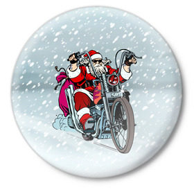 Значок с принтом Санта Клаус байкер в Санкт-Петербурге,  металл | круглая форма, металлическая застежка в виде булавки | байк | дед мороз | зима | мотоцикл | рождество | снег
