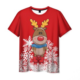 Мужская футболка 3D с принтом Олень в шарфике в Санкт-Петербурге, 100% полиэфир | прямой крой, круглый вырез горловины, длина до линии бедер | новогодний олень | новый год | олень | олень в шарфике | подарок на новый год