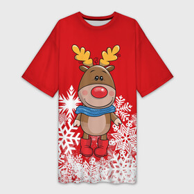 Платье-футболка 3D с принтом Олень в шарфике в Санкт-Петербурге,  |  | новогодний олень | новый год | олень | олень в шарфике | подарок на новый год