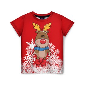 Детская футболка 3D с принтом Олень в шарфике в Санкт-Петербурге, 100% гипоаллергенный полиэфир | прямой крой, круглый вырез горловины, длина до линии бедер, чуть спущенное плечо, ткань немного тянется | новогодний олень | новый год | олень | олень в шарфике | подарок на новый год