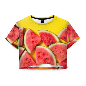 Женская футболка 3D укороченная с принтом арбуз в Санкт-Петербурге, 100% полиэстер | круглая горловина, длина футболки до линии талии, рукава с отворотами | berry | food | fruit | health | rest | summer | vegan | vegetarianism | vitamins | watermelon | арбуз | веган | вегетарианство | витамины | еда | здоровье | лето | отдых | фрукты | ягода