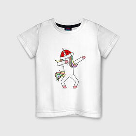 Детская футболка хлопок с принтом Единорог в шапке Санты Дэб в Санкт-Петербурге, 100% хлопок | круглый вырез горловины, полуприлегающий силуэт, длина до линии бедер | Тематика изображения на принте: дэб | единорог | новый год | санта