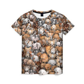 Женская футболка 3D с принтом Щенки в Санкт-Петербурге, 100% полиэфир ( синтетическое хлопкоподобное полотно) | прямой крой, круглый вырез горловины, длина до линии бедер | бультерьер | корги | мопс | паттерн | пес | питбуль | породы | собака | собачка | хаски | щенок