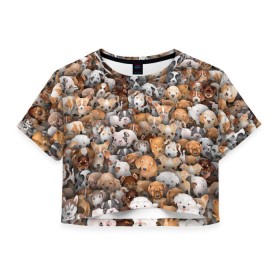 Женская футболка 3D укороченная с принтом Щенки в Санкт-Петербурге, 100% полиэстер | круглая горловина, длина футболки до линии талии, рукава с отворотами | бультерьер | корги | мопс | паттерн | пес | питбуль | породы | собака | собачка | хаски | щенок