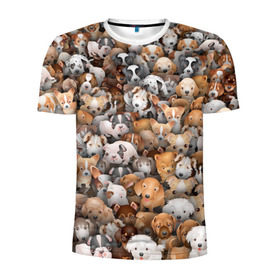 Мужская футболка 3D спортивная с принтом Щенки в Санкт-Петербурге, 100% полиэстер с улучшенными характеристиками | приталенный силуэт, круглая горловина, широкие плечи, сужается к линии бедра | бультерьер | корги | мопс | паттерн | пес | питбуль | породы | собака | собачка | хаски | щенок