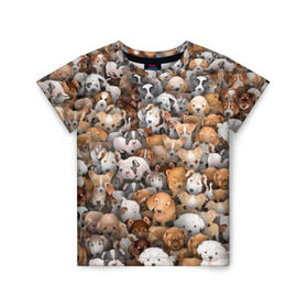 Детская футболка 3D с принтом Щенки в Санкт-Петербурге, 100% гипоаллергенный полиэфир | прямой крой, круглый вырез горловины, длина до линии бедер, чуть спущенное плечо, ткань немного тянется | бультерьер | корги | мопс | паттерн | пес | питбуль | породы | собака | собачка | хаски | щенок