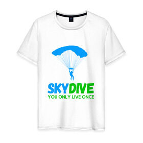 Мужская футболка хлопок с принтом skydive в Санкт-Петербурге, 100% хлопок | прямой крой, круглый вырез горловины, длина до линии бедер, слегка спущенное плечо. | adrenaline | base jumping | extreme | jump | parachute | sky | skydive | адреналин | бейс | бейсджампинг | высота | небо | облака | парашют | полет | прыжок | риск | самолет | свобода | экстрим