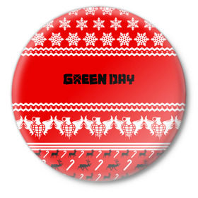Значок с принтом Праздничный Green Day в Санкт-Петербурге,  металл | круглая форма, металлическая застежка в виде булавки | Тематика изображения на принте: green day | билли джо армстронг | грин дей | зелёный день | майк дёрнт | тре кул