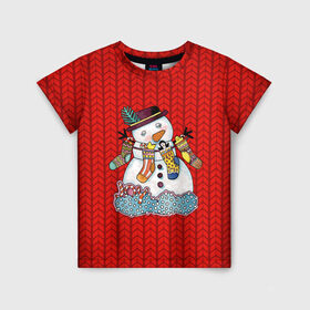 Детская футболка 3D с принтом Снеговик вышивка в Санкт-Петербурге, 100% гипоаллергенный полиэфир | прямой крой, круглый вырез горловины, длина до линии бедер, чуть спущенное плечо, ткань немного тянется | new year | елка | новогодний | новогодняя вышивка | новый год | рождество | снег | снежинки
