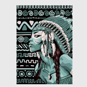 Скетчбук с принтом Девушка индеец в Санкт-Петербурге, 100% бумага
 | 48 листов, плотность листов — 100 г/м2, плотность картонной обложки — 250 г/м2. Листы скреплены сверху удобной пружинной спиралью | beautiful | body art | braids | feathers | fringe | girl | indian | mohawk | ornament | pendant | profile | бахрома | боди арт | девушка индеец | ирокез | косы | кулон | орнамент | перья | профиль