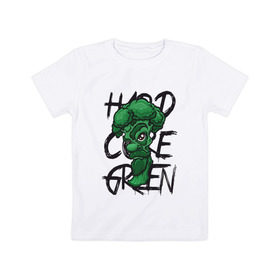 Детская футболка хлопок с принтом Брокколи Hardcore Green в Санкт-Петербурге, 100% хлопок | круглый вырез горловины, полуприлегающий силуэт, длина до линии бедер | beard | broccoli | vegan | vegeterian | борода | брокколи | веган | вегетарианец | вегетарианство | зеленый | овощ | персонаж | слоган | усы