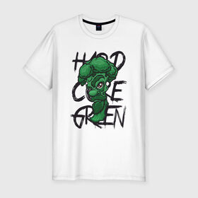 Мужская футболка премиум с принтом Брокколи Hardcore Green в Санкт-Петербурге, 92% хлопок, 8% лайкра | приталенный силуэт, круглый вырез ворота, длина до линии бедра, короткий рукав | beard | broccoli | vegan | vegeterian | борода | брокколи | веган | вегетарианец | вегетарианство | зеленый | овощ | персонаж | слоган | усы