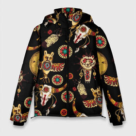 Мужская зимняя куртка 3D с принтом Индейский орнамент в Санкт-Петербурге, верх — 100% полиэстер; подкладка — 100% полиэстер; утеплитель — 100% полиэстер | длина ниже бедра, свободный силуэт Оверсайз. Есть воротник-стойка, отстегивающийся капюшон и ветрозащитная планка. 

Боковые карманы с листочкой на кнопках и внутренний карман на молнии. | Тематика изображения на принте: amulets | bulls | feathers | indian ornament | masks | owls | patterns | skulls | tambourines | амулеты | бубны | быки | индейский орнамент | маски | перья | совы | узоры | черепа