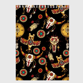 Скетчбук с принтом Индейский орнамент в Санкт-Петербурге, 100% бумага
 | 48 листов, плотность листов — 100 г/м2, плотность картонной обложки — 250 г/м2. Листы скреплены сверху удобной пружинной спиралью | amulets | bulls | feathers | indian ornament | masks | owls | patterns | skulls | tambourines | амулеты | бубны | быки | индейский орнамент | маски | перья | совы | узоры | черепа