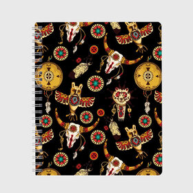 Тетрадь с принтом Индейский орнамент в Санкт-Петербурге, 100% бумага | 48 листов, плотность листов — 60 г/м2, плотность картонной обложки — 250 г/м2. Листы скреплены сбоку удобной пружинной спиралью. Уголки страниц и обложки скругленные. Цвет линий — светло-серый
 | amulets | bulls | feathers | indian ornament | masks | owls | patterns | skulls | tambourines | амулеты | бубны | быки | индейский орнамент | маски | перья | совы | узоры | черепа