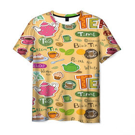 Мужская футболка 3D с принтом Tea bombing в Санкт-Петербурге, 100% полиэфир | прямой крой, круглый вырез горловины, длина до линии бедер | Тематика изображения на принте: char | tea | tea party | еда | конфеты | лимон | напиток | печенье | сладости | тортики | чай | чашка