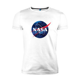 Мужская футболка премиум с принтом NASA в Санкт-Петербурге, 92% хлопок, 8% лайкра | приталенный силуэт, круглый вырез ворота, длина до линии бедра, короткий рукав | nasa | астронавт | астрофизика | космическое агенство | космонавт | космос | наса | скафандр   | шлем