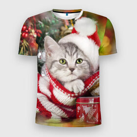 Мужская футболка 3D спортивная с принтом Новогодний котик в Санкт-Петербурге, 100% полиэстер с улучшенными характеристиками | приталенный силуэт, круглая горловина, широкие плечи, сужается к линии бедра | елка | зима | кот | котейка | кошка | мороз | новый год | снег
