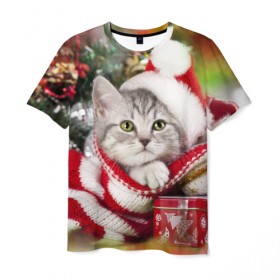 Мужская футболка 3D с принтом Новогодний котик в Санкт-Петербурге, 100% полиэфир | прямой крой, круглый вырез горловины, длина до линии бедер | елка | зима | кот | котейка | кошка | мороз | новый год | снег