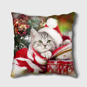 Подушка 3D с принтом Новогодний котик в Санкт-Петербурге, наволочка – 100% полиэстер, наполнитель – холлофайбер (легкий наполнитель, не вызывает аллергию). | состоит из подушки и наволочки. Наволочка на молнии, легко снимается для стирки | елка | зима | кот | котейка | кошка | мороз | новый год | снег