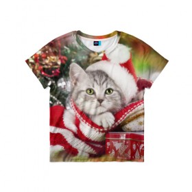 Детская футболка 3D с принтом Новогодний котик в Санкт-Петербурге, 100% гипоаллергенный полиэфир | прямой крой, круглый вырез горловины, длина до линии бедер, чуть спущенное плечо, ткань немного тянется | елка | зима | кот | котейка | кошка | мороз | новый год | снег
