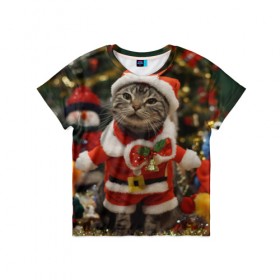 Детская футболка 3D с принтом Прикольный Санта в Санкт-Петербурге, 100% гипоаллергенный полиэфир | прямой крой, круглый вырез горловины, длина до линии бедер, чуть спущенное плечо, ткань немного тянется | Тематика изображения на принте: елка | зима | кот | котейка | кошка | мороз | новый год | снег | снежинки