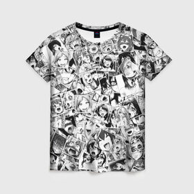 Женская футболка 3D с принтом Ahegao в Санкт-Петербурге, 100% полиэфир ( синтетическое хлопкоподобное полотно) | прямой крой, круглый вырез горловины, длина до линии бедер | anime | аниме | лицо | паттрен | чернобелый