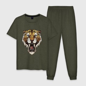 Мужская пижама хлопок с принтом Тигр тигр тигрррррррр в Санкт-Петербурге, 100% хлопок | брюки и футболка прямого кроя, без карманов, на брюках мягкая резинка на поясе и по низу штанин
 | оскал | тигр