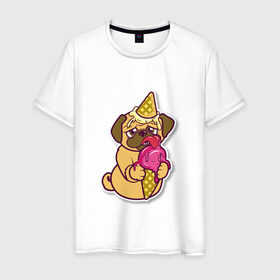Мужская футболка хлопок с принтом Мопс мороженка в Санкт-Петербурге, 100% хлопок | прямой крой, круглый вырез горловины, длина до линии бедер, слегка спущенное плечо. | день рождения | мопс | мороженка | мороженное
