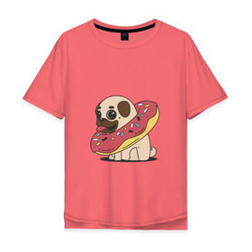 Мужская футболка хлопок Oversize с принтом Мопс пончик в Санкт-Петербурге, 100% хлопок | свободный крой, круглый ворот, “спинка” длиннее передней части | Тематика изображения на принте: мопс | новый год | пончик