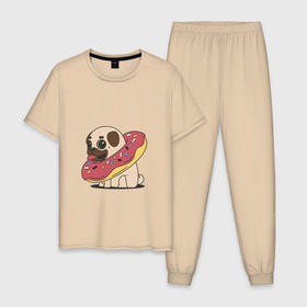 Мужская пижама хлопок с принтом Мопс пончик в Санкт-Петербурге, 100% хлопок | брюки и футболка прямого кроя, без карманов, на брюках мягкая резинка на поясе и по низу штанин
 | мопс | новый год | пончик