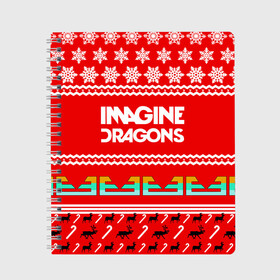 Тетрадь с принтом Праздничный Imagine Dragons в Санкт-Петербурге, 100% бумага | 48 листов, плотность листов — 60 г/м2, плотность картонной обложки — 250 г/м2. Листы скреплены сбоку удобной пружинной спиралью. Уголки страниц и обложки скругленные. Цвет линий — светло-серый
 | dragons | imagine | альтернативный | американская | арена | бэн макки | группа | драгонс | дэн | дэн рейнольдс | знак | имеджин | инди | индирок | красный | надпись | новогодний | новый год | поп | праздник