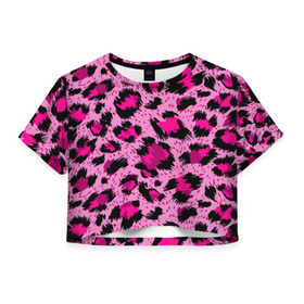Женская футболка 3D укороченная с принтом Розовый леопард в Санкт-Петербурге, 100% полиэстер | круглая горловина, длина футболки до линии талии, рукава с отворотами | гепард | леопард