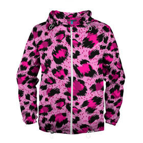 Мужская ветровка 3D с принтом Розовый леопард в Санкт-Петербурге, 100% полиэстер | подол и капюшон оформлены резинкой с фиксаторами, два кармана без застежек по бокам, один потайной карман на груди | Тематика изображения на принте: гепард | леопард