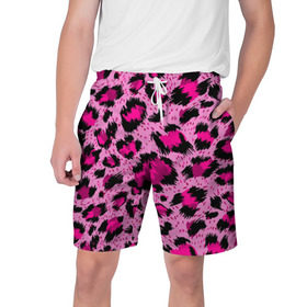 Мужские шорты 3D с принтом Розовый леопард в Санкт-Петербурге,  полиэстер 100% | прямой крой, два кармана без застежек по бокам. Мягкая трикотажная резинка на поясе, внутри которой широкие завязки. Длина чуть выше колен | Тематика изображения на принте: гепард | леопард