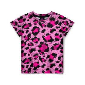 Детская футболка 3D с принтом Розовый леопард в Санкт-Петербурге, 100% гипоаллергенный полиэфир | прямой крой, круглый вырез горловины, длина до линии бедер, чуть спущенное плечо, ткань немного тянется | гепард | леопард