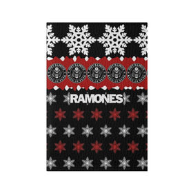 Обложка для паспорта матовая кожа с принтом Праздничный Ramones в Санкт-Петербурге, натуральная матовая кожа | размер 19,3 х 13,7 см; прозрачные пластиковые крепления | ramones | группа | джонни | джоуи | ди ди томми | знак | красный | марк | надпись | новогодний | новый год | панк | поп | праздник | раманес | раманэс | рамон | рамонес | рамонэс | рамоун | рамоунз | рамоунс