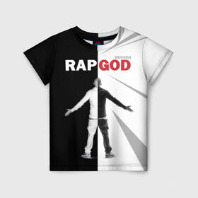 Детская футболка 3D с принтом Rap God Eminem в Санкт-Петербурге, 100% гипоаллергенный полиэфир | прямой крой, круглый вырез горловины, длина до линии бедер, чуть спущенное плечо, ткань немного тянется | Тематика изображения на принте: 
