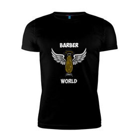 Мужская футболка премиум с принтом Barber world в Санкт-Петербурге, 92% хлопок, 8% лайкра | приталенный силуэт, круглый вырез ворота, длина до линии бедра, короткий рукав | барбер | барбершоп | цирюльник