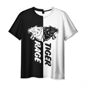 Мужская футболка 3D с принтом Tiger Rage в Санкт-Петербурге, 100% полиэфир | прямой крой, круглый вырез горловины, длина до линии бедер | белое | голова | дикая | дикий | зубы | клык | клыки | кот | кошка | лев | леопард | львица | оскал | пантера | пасть | рев | рисунок | рык | тату | тигр | тигрица | укус | чб | черное | шерсть | ярость