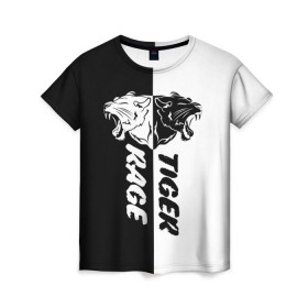 Женская футболка 3D с принтом Tiger Rage в Санкт-Петербурге, 100% полиэфир ( синтетическое хлопкоподобное полотно) | прямой крой, круглый вырез горловины, длина до линии бедер | белое | голова | дикая | дикий | зубы | клык | клыки | кот | кошка | лев | леопард | львица | оскал | пантера | пасть | рев | рисунок | рык | тату | тигр | тигрица | укус | чб | черное | шерсть | ярость
